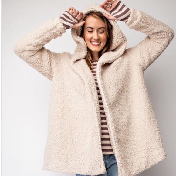 OVERSIZED faux fur lining jacket OATMEAL- hoodie - Picture 3 of 6